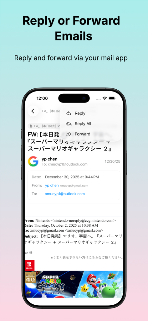 Interface of the MBOX Viewer app on an iPhone showing options to reply or forward an archived email.