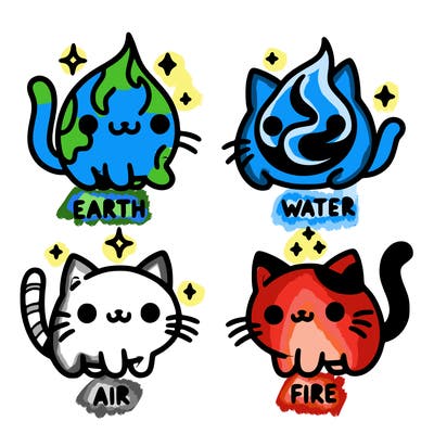 4 cats that represent the different elements, earth, water, air, and fire