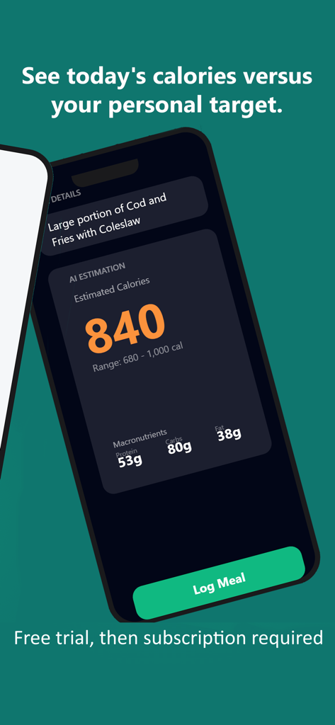 Calories Deficit Tracker - Pantalla de registro de alimentos asistido por IA que muestra calorías y macronutrientes para una comida