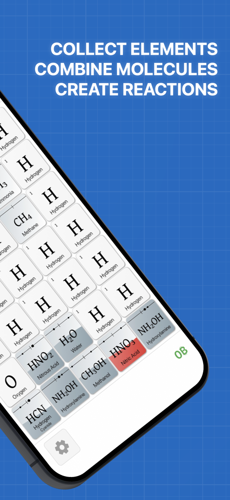 Alcyone - A grid of chemical elements and molecules like Hydrogen and Water in the Alcyone puzzle game