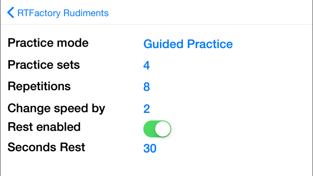 RTFactory Rudiments - Pantalla de configuración del modo de práctica guiada en la aplicación de percusión RTFactory Rudiments que muestra parámetros ajustables como sets, repeticiones y intervalos de descanso.