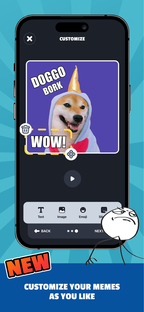 Sounds Effects by Whatsticker - Interface de aplicativo móvel da ferramenta de criação de memes mostrando um cachorro com texto e adesivos personalizados