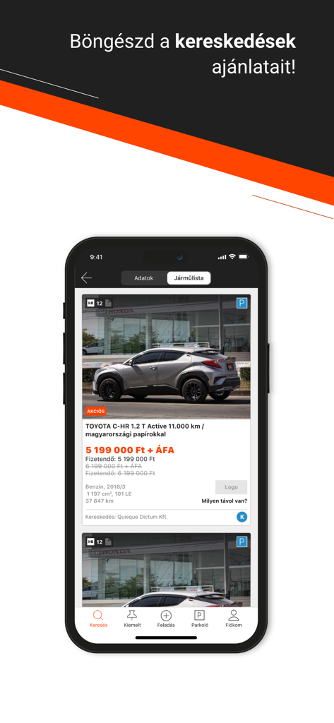 Használtautó - Uno schermo di telefono mobile che mostra l'app Hasznaltauto con un annuncio di auto usata Toyota CHR e il suo prezzo in Fiorini ungheresi.