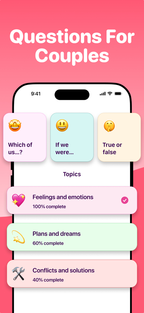 Captura de tela da tela Perguntas para Casais mostrando tópicos de conexão e progresso de conclusão