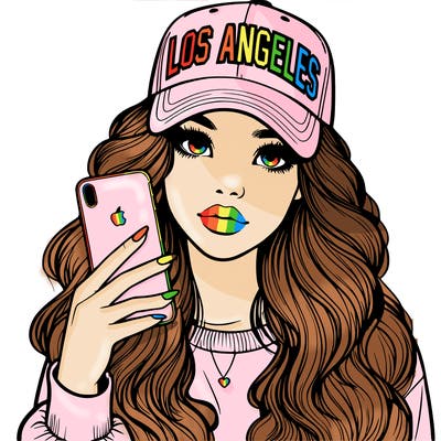 realistic beautiful girl wearing los ángeles cap holding an iphone