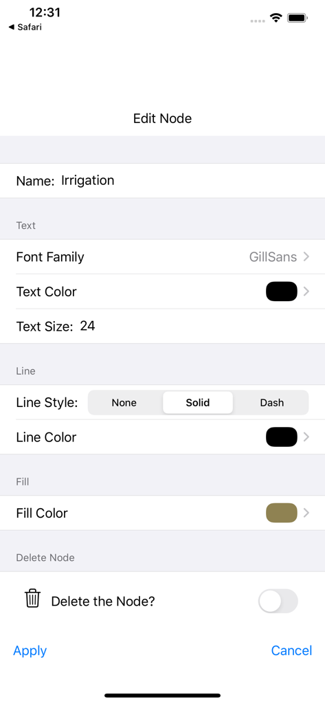 Sankey Diagram - The edit node screen in the Sankey Diagram app showing text and color customization options
