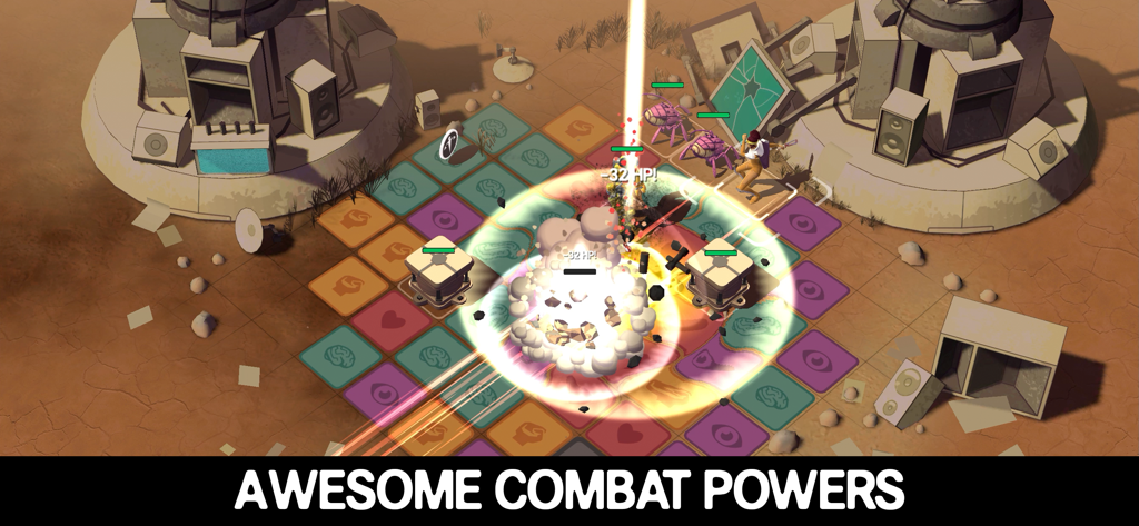 Ticket to Earth - Tactical puzzle RPG combat gameplay in Ticket to Earth showing an explosive special ability on a grid battlefield