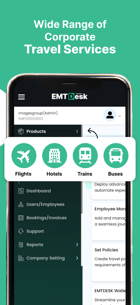 EMTDesk - EMTDesk mobile app interface displaying corporate travel services including flights and hotels