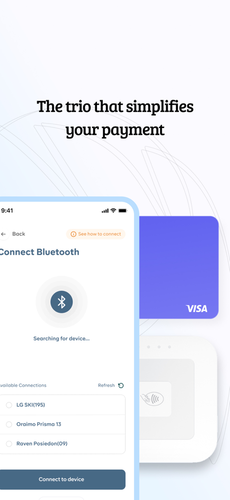 BankBox: PayApp - BankBox PayApp screen showing a smartphone searching for a bluetooth connection to a mobile payment card reader