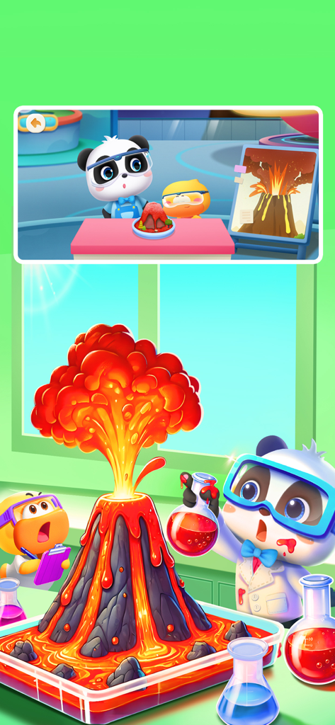Cartoon panda conducting a volcano eruption experiment in a virtual science lab for kids.