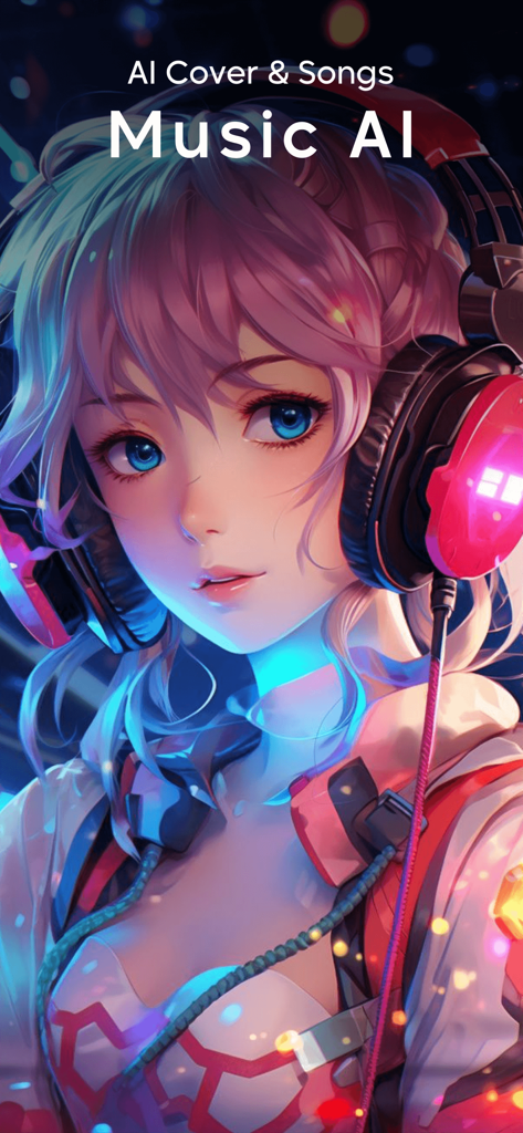 AI Cover Songs : Music AI - ミュージックAIアプリのオープニング画面でヘッドフォンをしたアニメの女の子