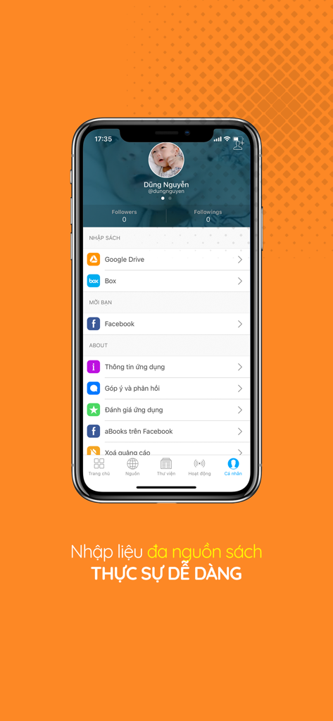 Tea Book app settings for importing EPUB files from Google Drive and Box