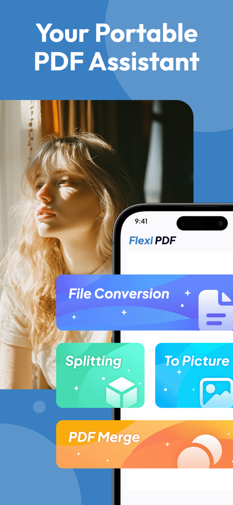 Menu principal do aplicativo Flexi PDF em um iPhone mostrando recursos de conversão, divisão e junção de arquivos