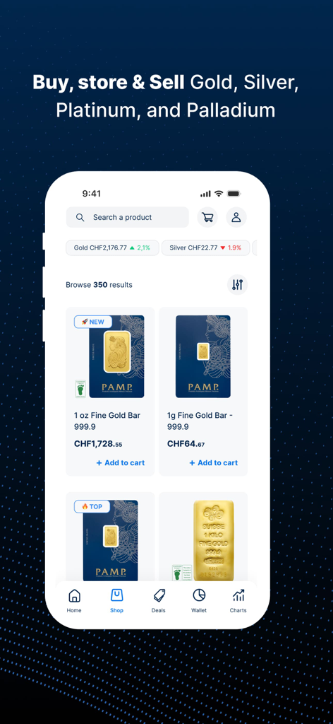 GOLD AVENUE: Buy Gold & Silver - Interface of the Gold Avenue app showing gold bar products and live market prices for gold and silver.