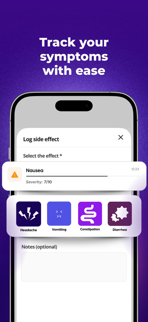 OzemPro: GLP1 Tracker - Interfaz de la aplicación OzemPro para registrar efectos secundarios de medicamentos GLP-1 como náuseas y dolor de cabeza