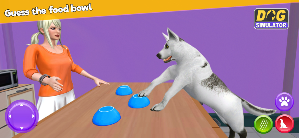 My virtual dog simulator - A white dog playing a guess the food bowl mini game in My virtual dog simulator