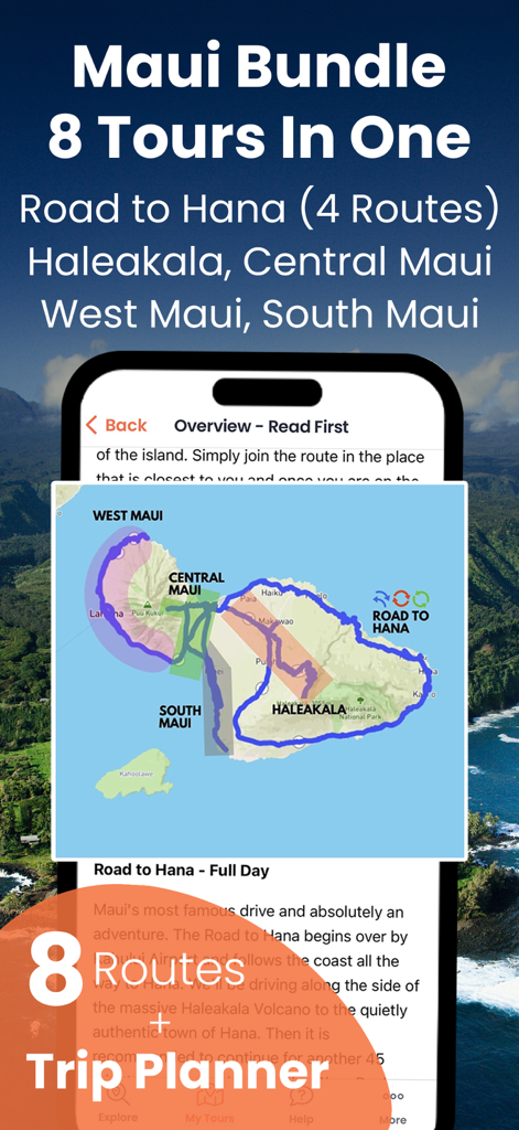 Maui GyPSy Guide Driving Tour - Maui driving tour app showing eight routes and a trip planner on a map