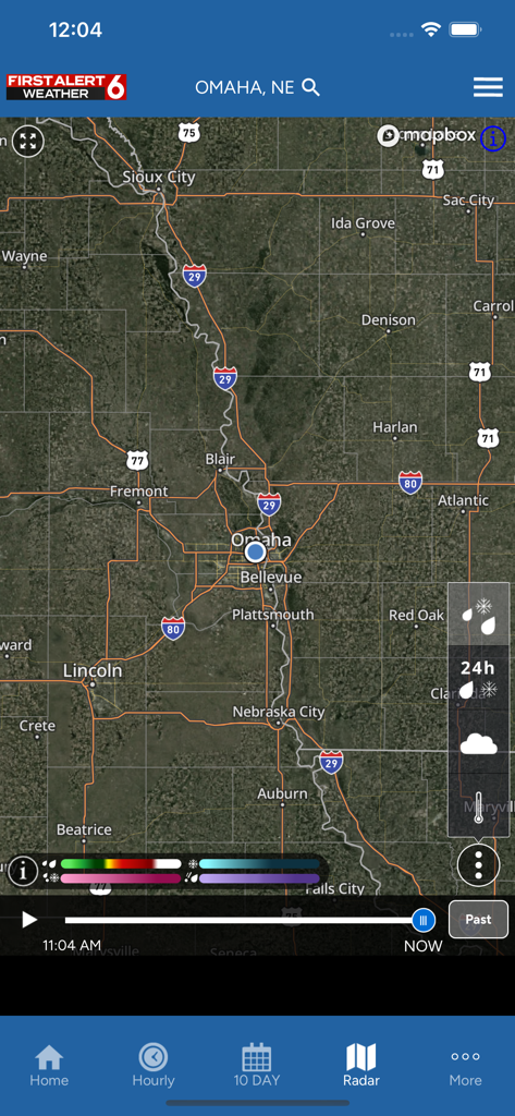 A detailed high resolution weather radar map centered on Omaha Nebraska within the First Alert 6 app.