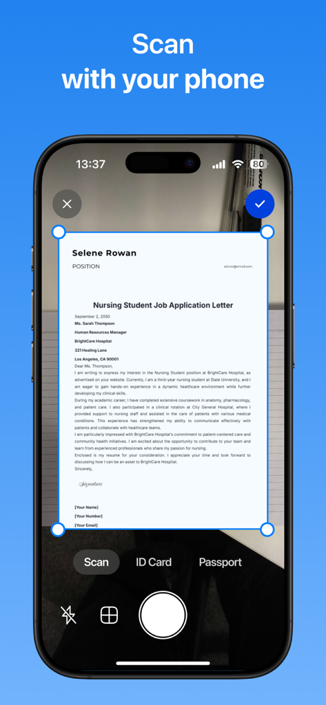 PDF Scanner - Scan & Convert - iPhone scanning a job application letter with auto crop feature in a PDF scanner app