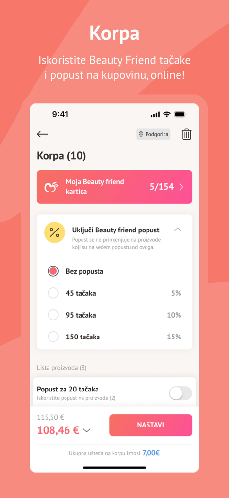 Cosmetics BF - Cosmetics BF app shopping cart screen showing Beauty Friend loyalty point discount options