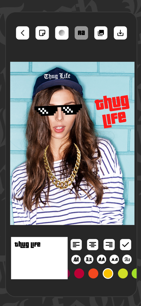 Thug Life Photo Stickers B) - Photo of a woman edited with Thug Life pixel glasses and gold chain stickers in the app interface.