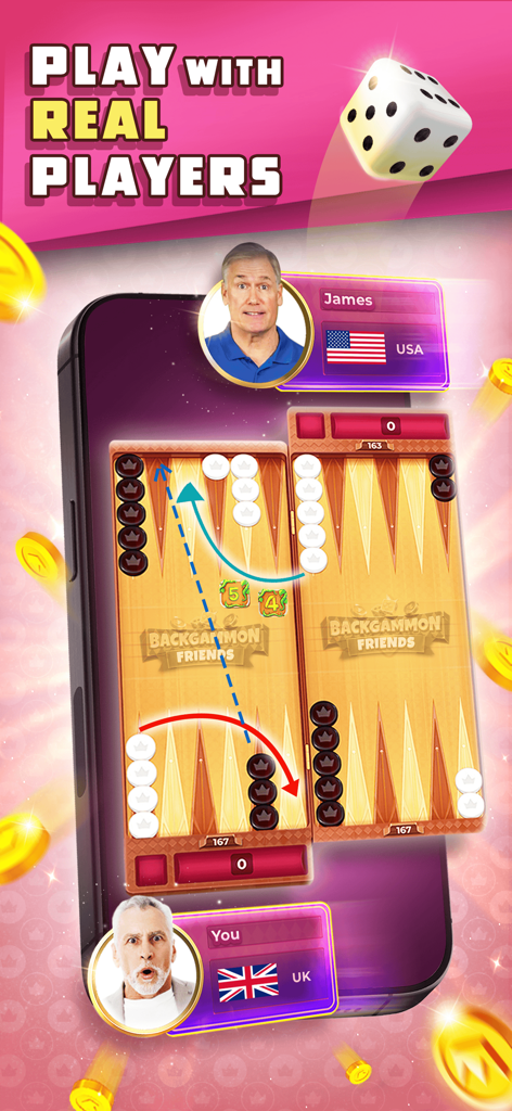 Captura de tela do aplicativo móvel Backgammon Friends Online mostrando dois jogadores competindo em modo retrato com o texto Jogue com Jogadores Reais.