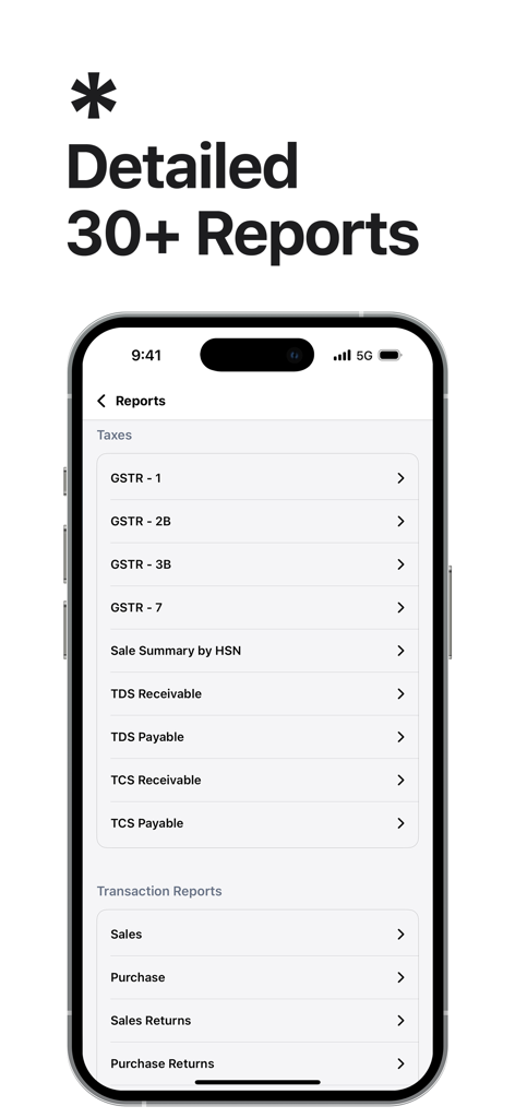 Pantalla móvil de la aplicación Swipe que muestra una lista de más de 30 informes empresariales y fiscales, incluyendo GST y transacciones de ventas.