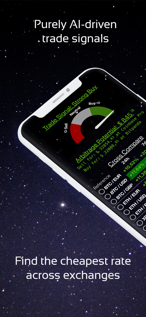 Smartphone displaying Bitcoin Monitor app with AI trade signals and arbitrage calculations