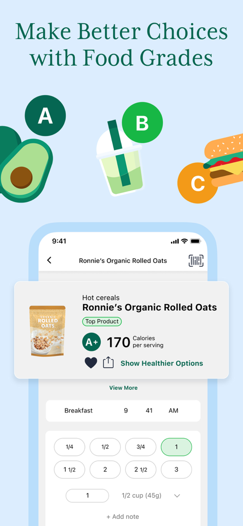 Fooducate app screen showing nutritional letter grades for organic oats and various food items like avocado and burgers