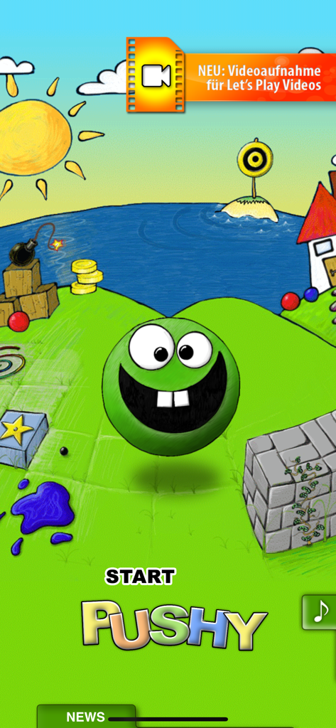 PUSHY - The Original - Startbildschirm des PUSHY Logik-Puzzle-Spiels mit der lächelnden grünen Figur und einem handgezeichneten Hintergrund