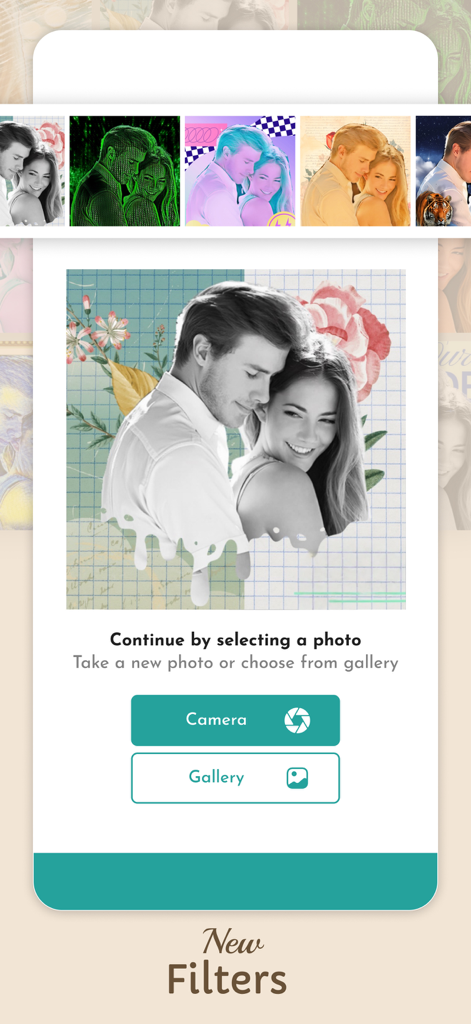 Photo frames collection app - Photo editing app screen displaying artistic filters and image selection options for social media.