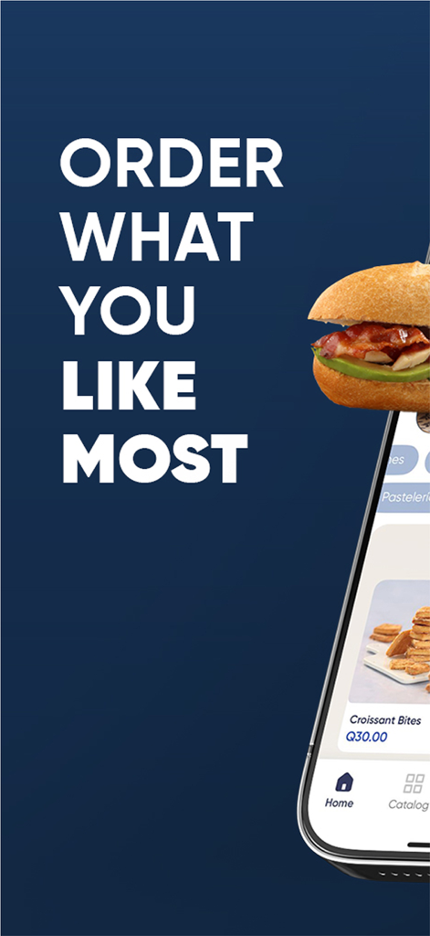 Pantalla de la app San Martín mostrando un sándwich fresco con el texto Pide lo que más te gusta