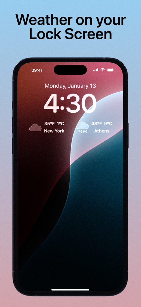 The Weather App by WeatherGo - iPhone lock screen displaying dual temperature widgets in Fahrenheit and Celsius for New York and Athens.