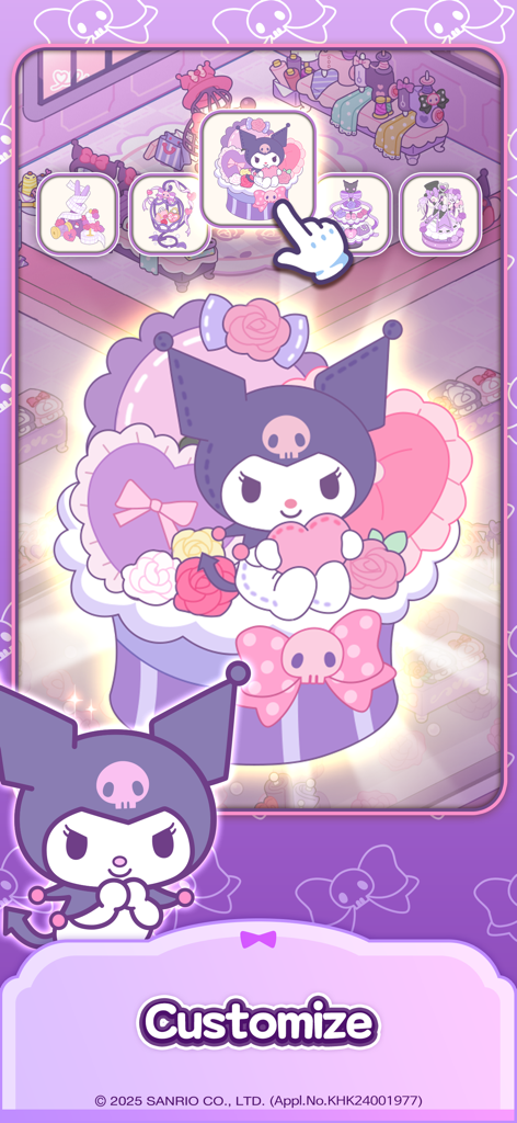 A game screenshot showing Kuromi item customization options in Hello Kitty My Dream Store