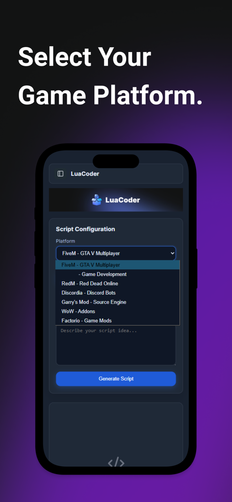 LuaCoder - Script Maker - Écran de l'application mobile pour sélectionner une plateforme de jeu comme FiveM ou Discord pour générer des scripts Lua.