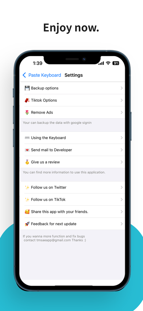 Paste Keyboard - The settings menu screen of the Paste Keyboard mobile app