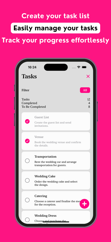 MeMarry: Wedding Planner - MeMarry mobile app screen showing a wedding planning checklist with completed tasks like guest list and venue