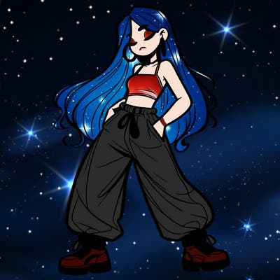 girl in baggy pants crop top and long hair