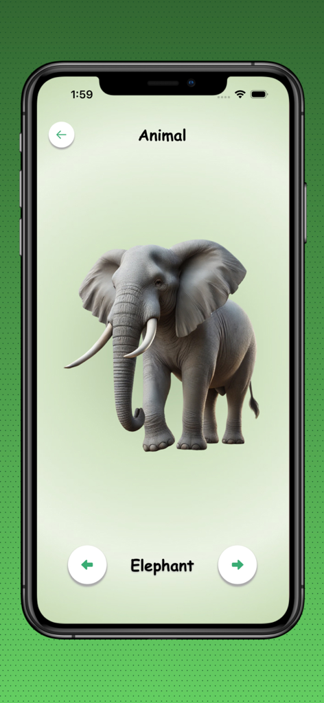 Educational app interface for toddlers showing an elephant flashcard in the animal category