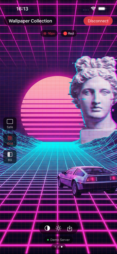 Mirror for Photoshop - Vista previa en tiempo real de un diseño synthwave en Mirror for Photoshop con cuadrícula activa y superposiciones de áreas seguras