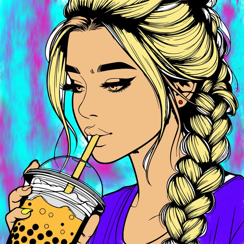 realistic girl drinking boba tea with braided hair