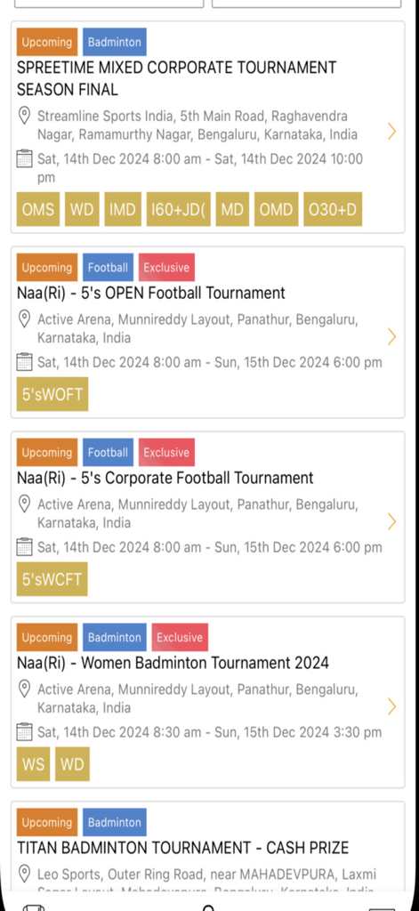 Playmatches - Mobile app interface showing upcoming badminton and football tournament listings