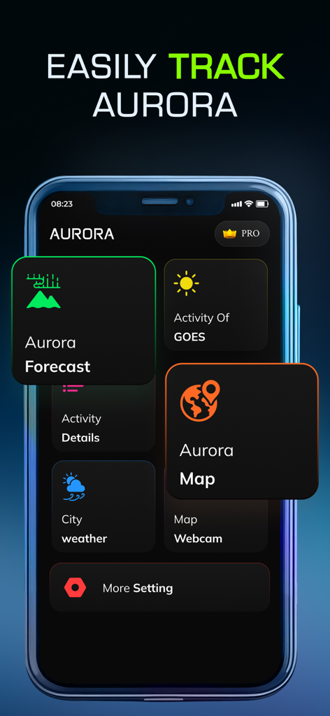 Aurora Alert & Northern Lights - Mobile app interface for tracking northern lights with forecast and map features