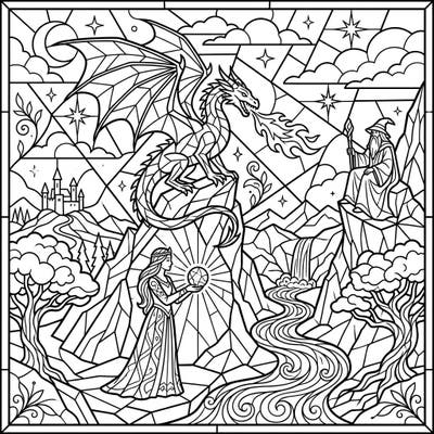 Embark on an epic adventure with this captivating fantasy stained glass coloring page, featuring a magnificent dragon, a wise wizard, and an enchanting princess. This intricate design promises hours of creative relaxation and artistic expression.