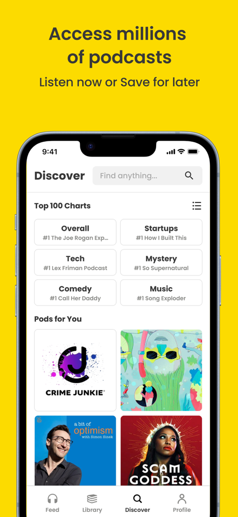 Goodpods: Podcast Player - Goodpods app interface showing the Discover tab with Top 100 Charts and recommended podcast episodes