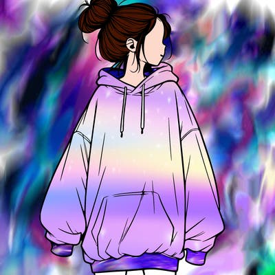 realistic girl with a oversized sweatshirt on and a bun