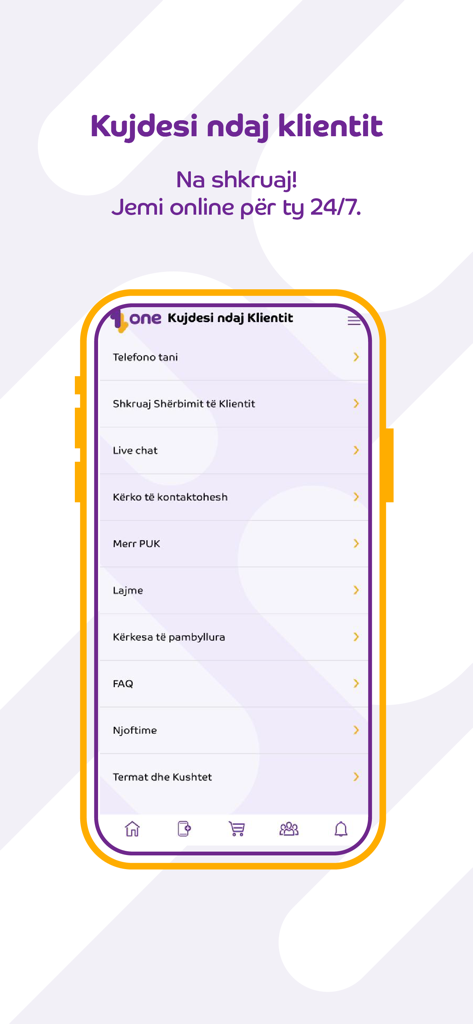 My One (AL) - Pantalla de atención al cliente de la aplicación My One Albania mostrando opciones de soporte 24/7 que incluyen chat en vivo y asistencia telefónica.