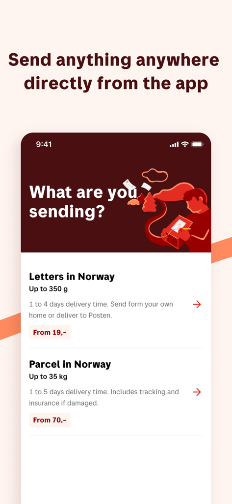 Posten app interface for sending letters and parcels in Norway