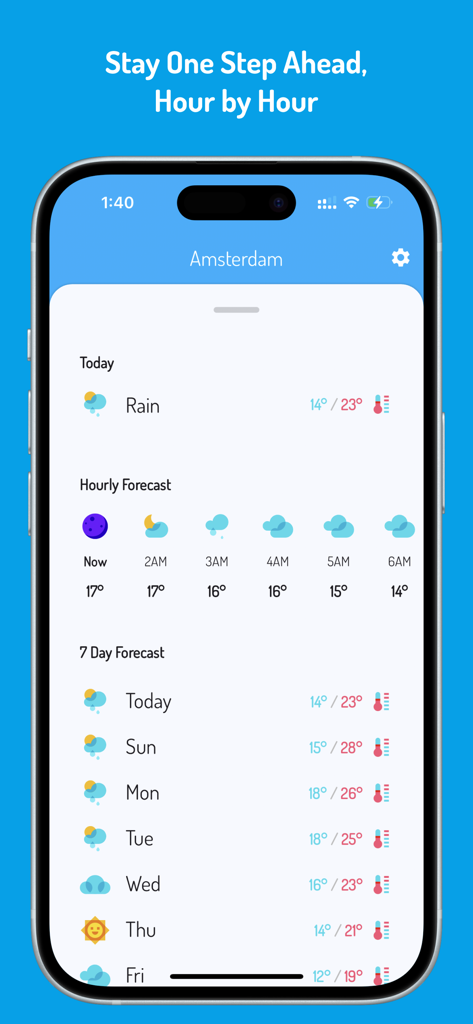 Cloudy - Cute Weather App - Cloudy app showing hourly and daily weather forecast with cute icons on an iPhone screen