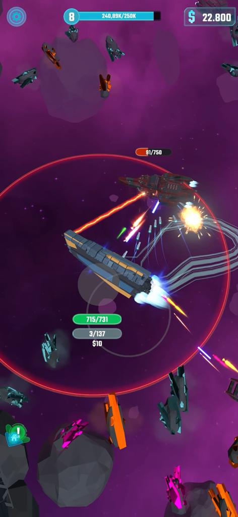 Galaxy Idle - A spaceship engaging in battle with lasers in the Galaxy Idle game